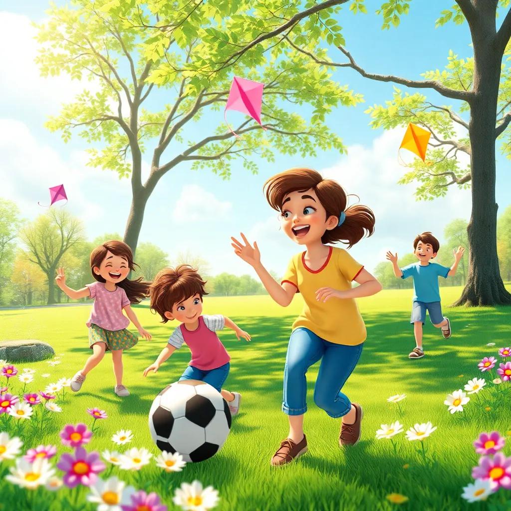 Gina at a park on a sunny day, with kids playing soccer, flying kites, and laughing. There are flowers blooming and trees swaying in the gentle breeze, vibrant scenery, expressing joy and togetherness, high quality