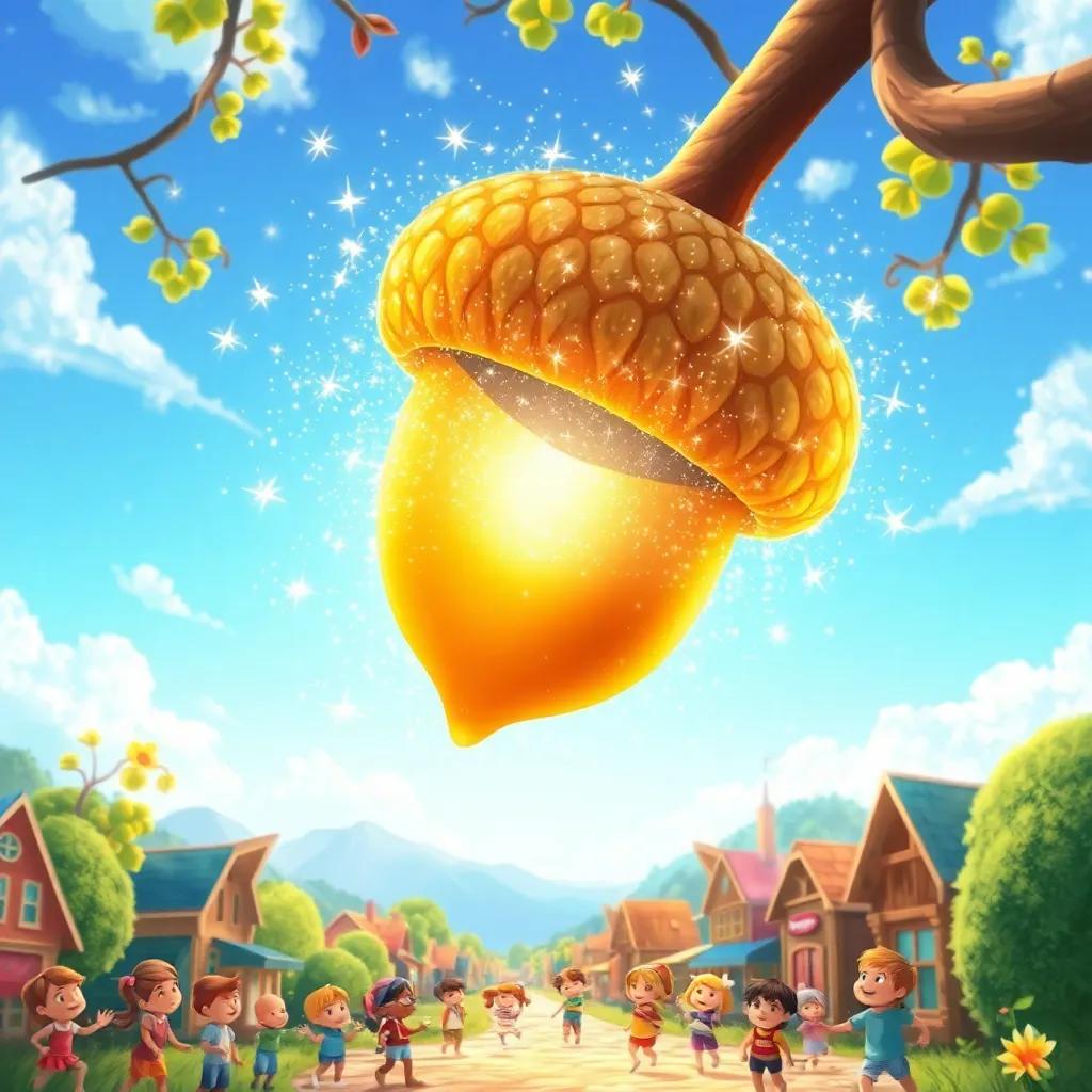 A magical view of a golden acorn surrounded by sparkles in the clear blue sky, underneath it, many happy children playing and enjoying a sunny day in the village, whimsical style, bright and cheerful colors, high quality