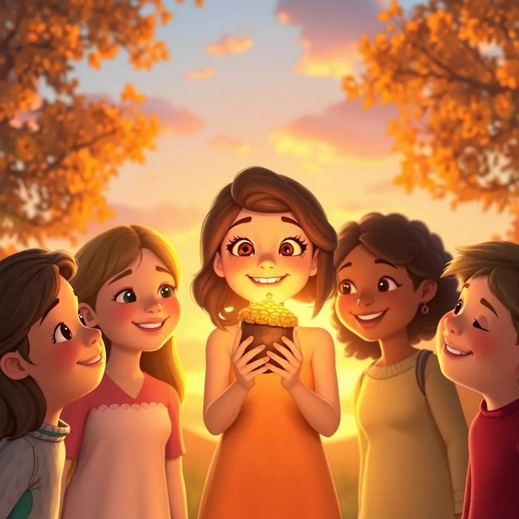 Gina holding the golden acorn at sunset with her friends around her, their faces glowing with happiness, soft golden light, heartwarming scene, rich colors, high quality