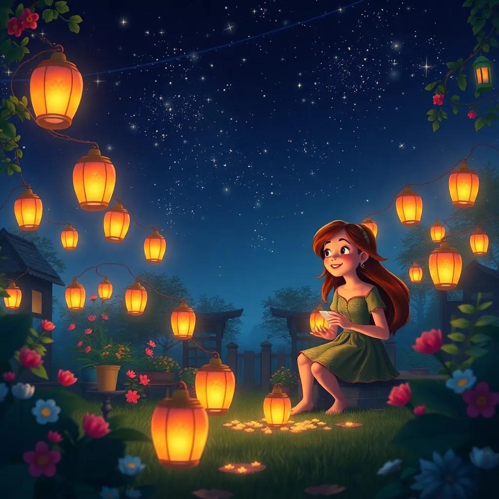 A magical garden scene with Gina and her friends watching lanterns glow, reflecting their smiles and love, under shimmering stars in the night sky, fantasy art, high quality
