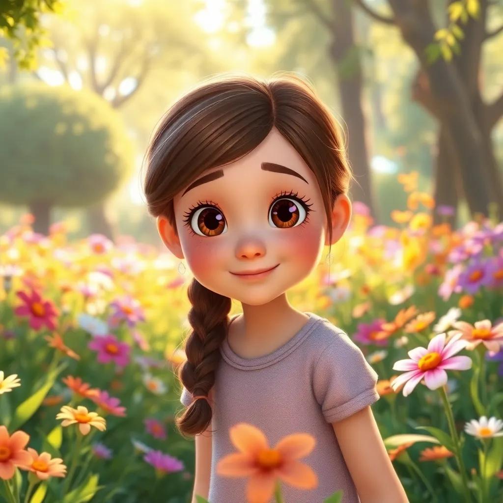 A curious girl, Gina, with bright, sparkling eyes and brown hair, in a colorful garden filled with flowers and tall trees, warm sunlight, cheerful atmosphere, whimsical scene