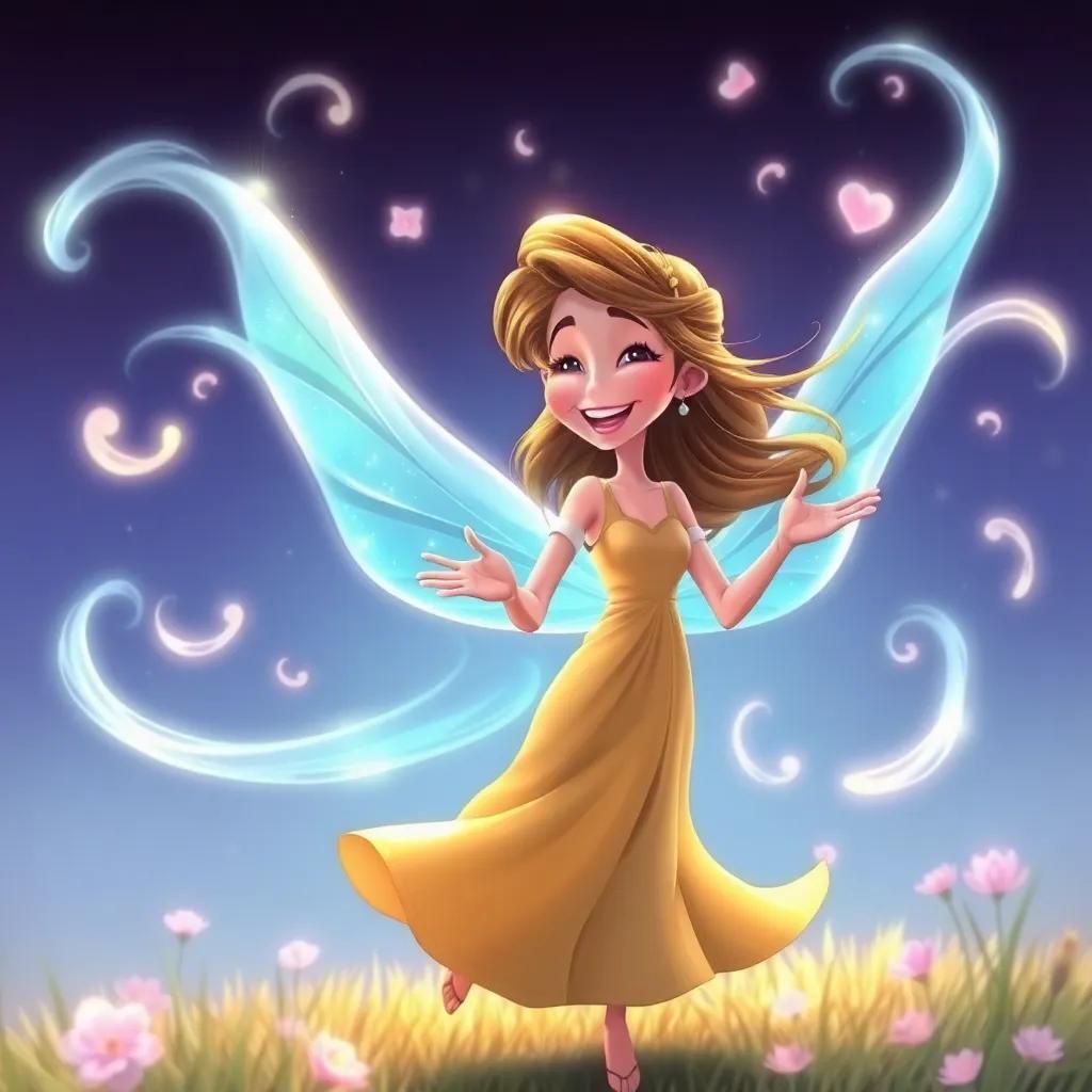A gentle breeze personified as the Whispering Wind, with swirls of air, laughing and playfully swirling around Gina, magical and enchanting, vivid colors, friendly and inviting