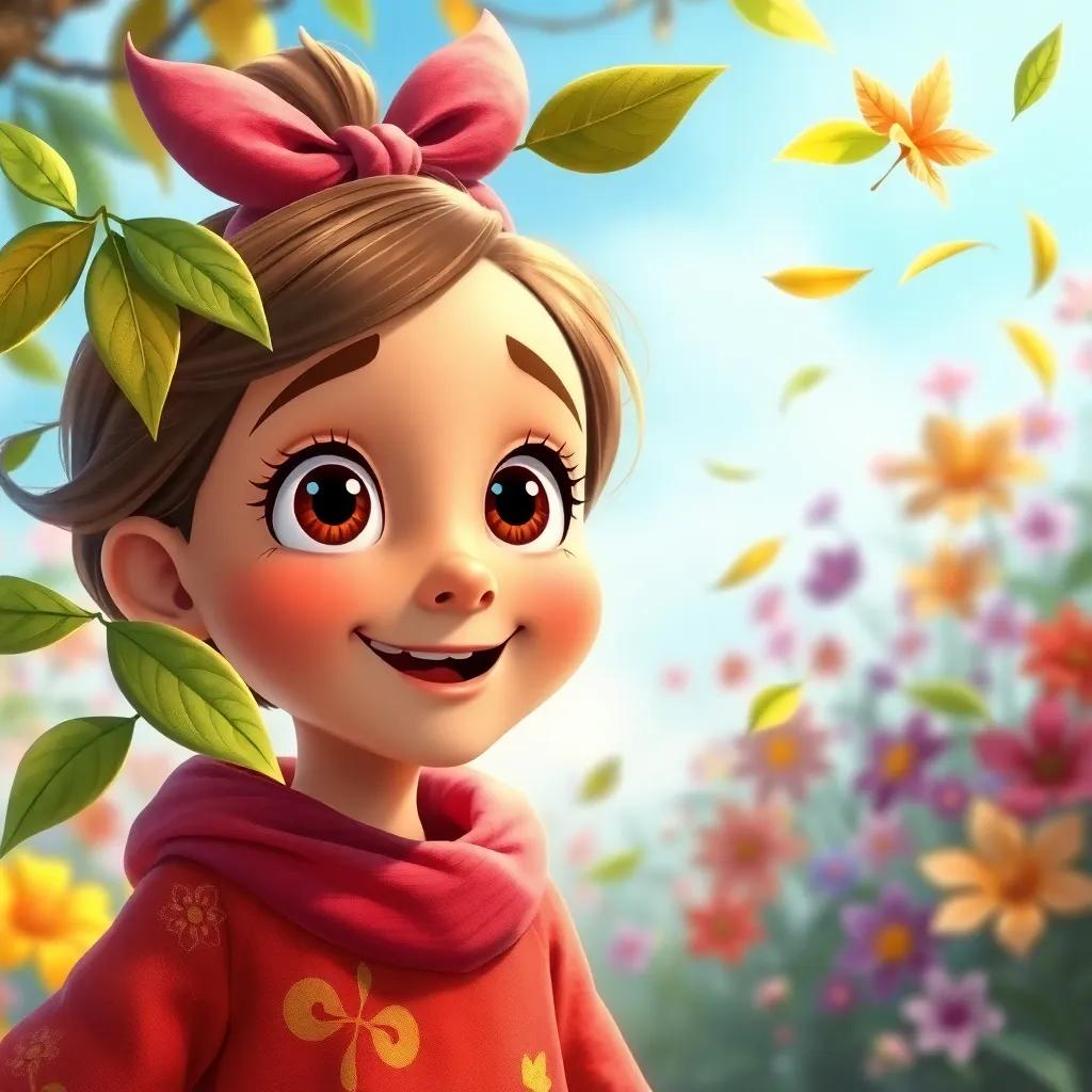 Gina's wide eyes filled with excitement as the Whispering Wind tells her stories, leaves swirling around her, colorful flowers in the background, lively and joyful