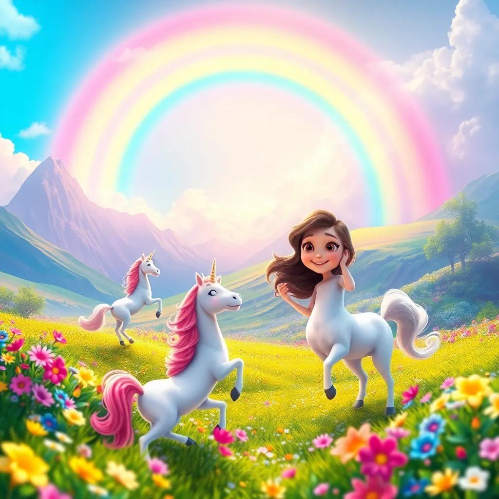 A magical valley with unicorns dancing under a vibrant rainbow, Gina imagining the scene with a big smile, lush flowers blooming, bright and colorful dreamlike setting