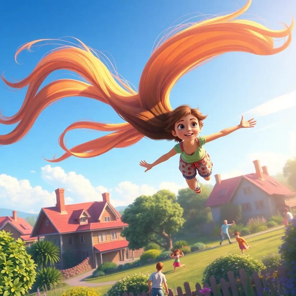 The Whispering Wind lifting Gina's hair, as they soar above her garden, overlooking her house and friends playing, bright blue sky, uplifting and adventurous vibe