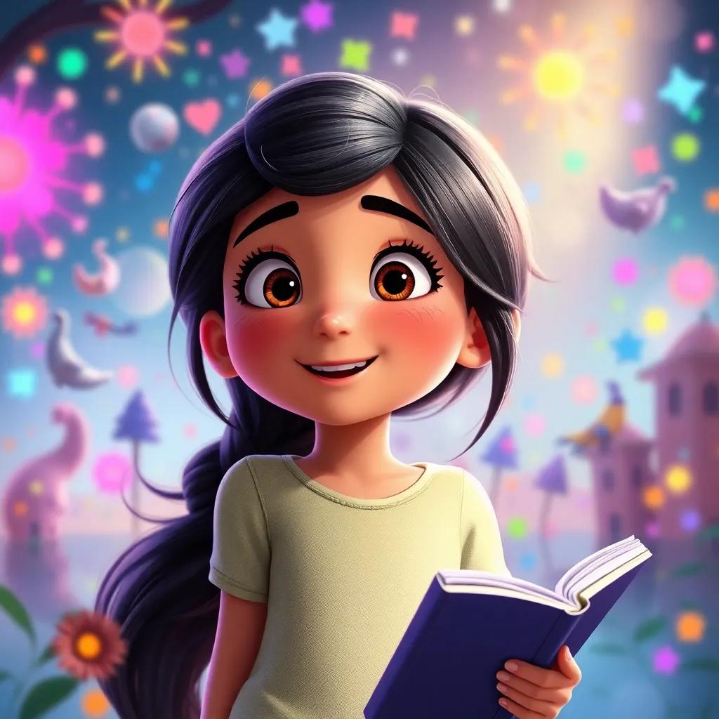 Gina eagerly asking for more stories, her heart full of wonder, colorful bursts of imagination around her, vibrant atmosphere, playful