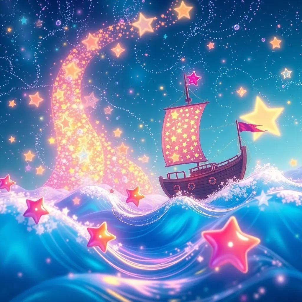An imaginary scene of the Sea of Stars, with shimmering fish like jewels, a dreamlike ship sailing, magical and vibrant colors, playful waves