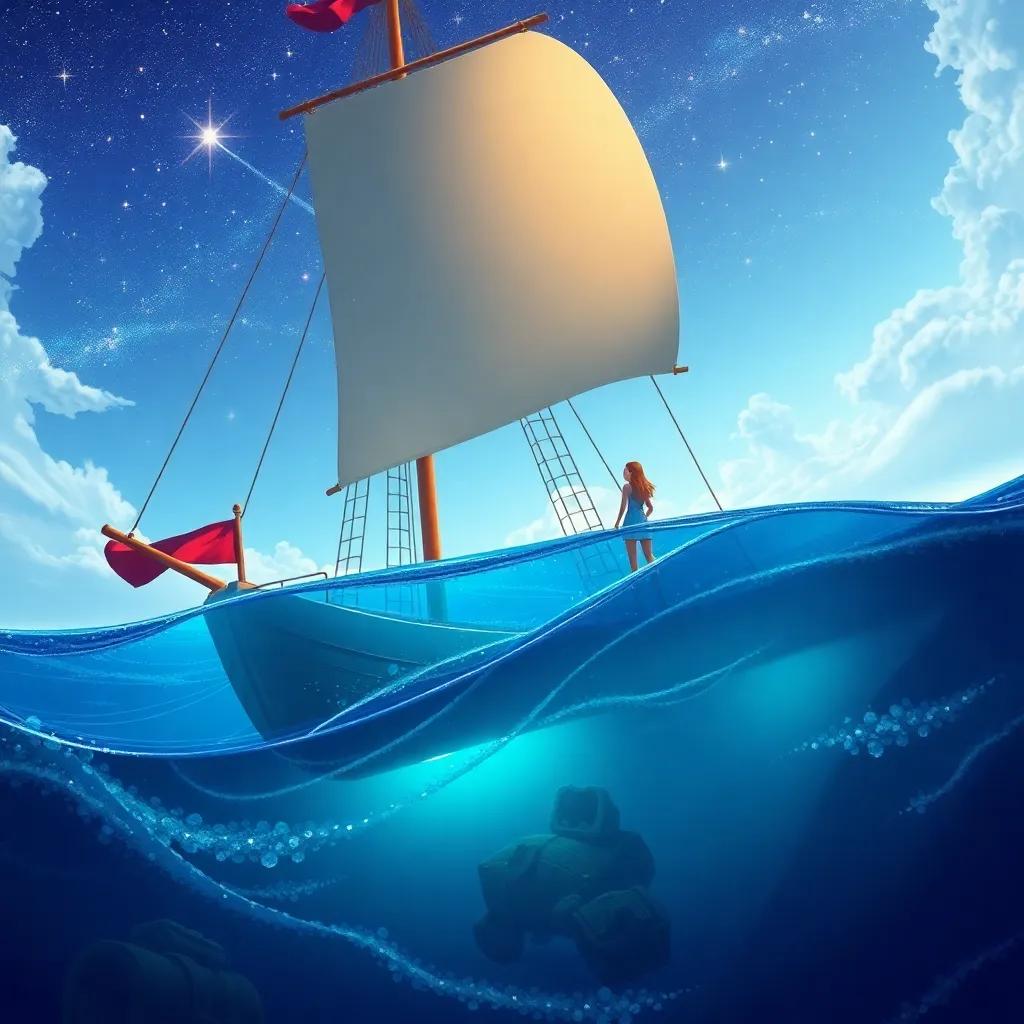 Gina imagining sailing on a big ship, treasures hidden beneath the waves, twinkling stars above, fantasy and adventure vibe