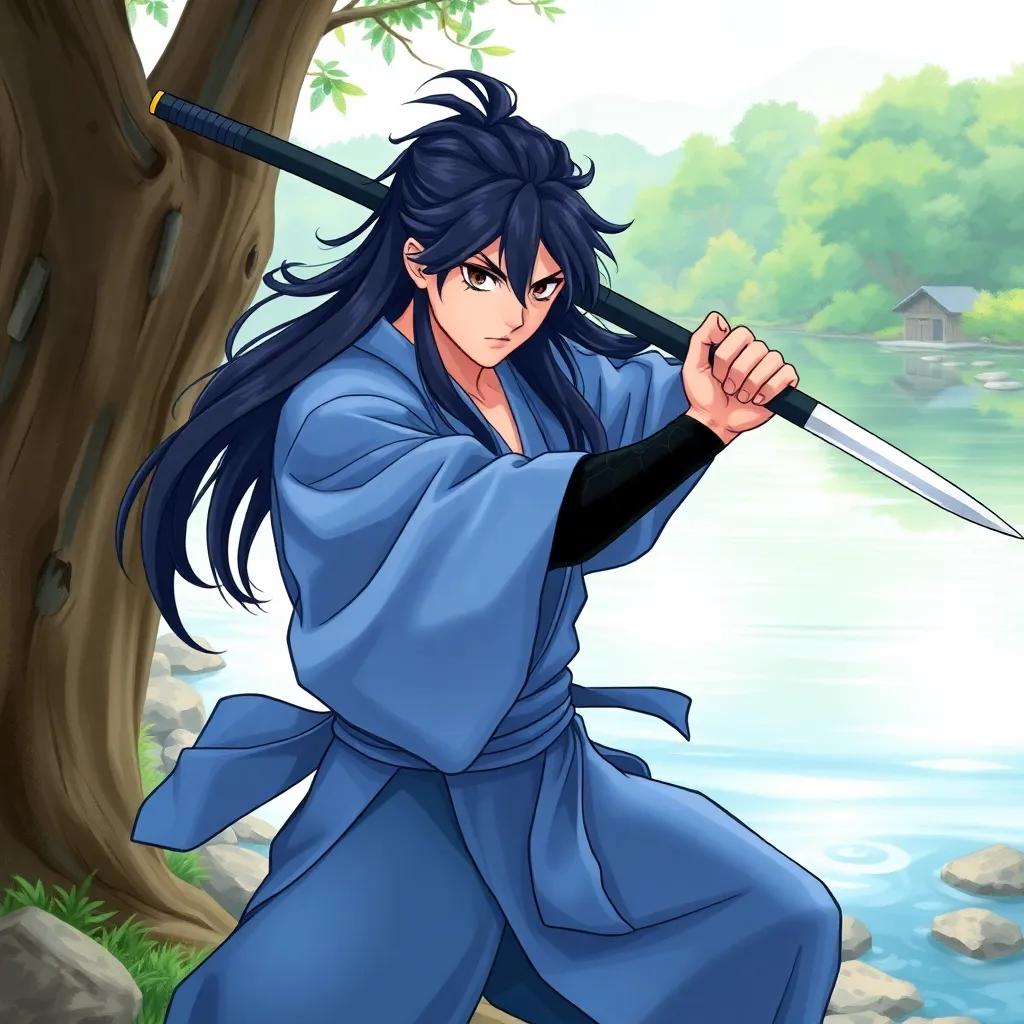 A strong demon slayer, Giyu Tomioka, with long black hair, wearing a blue kimono, training with his sword near a serene river, detailed digital art, tranquil scene, bright colors, dynamic pose, high quality