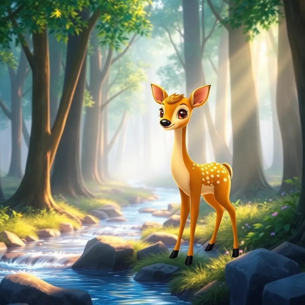 A magical forest filled with sunlight and sparkling streams, with Glimmer, a unique green-golden Bambi, standing proudly among tall trees, digital art, warm and inviting light, vibrant colors, cheerful and enchanting scene, high quality
