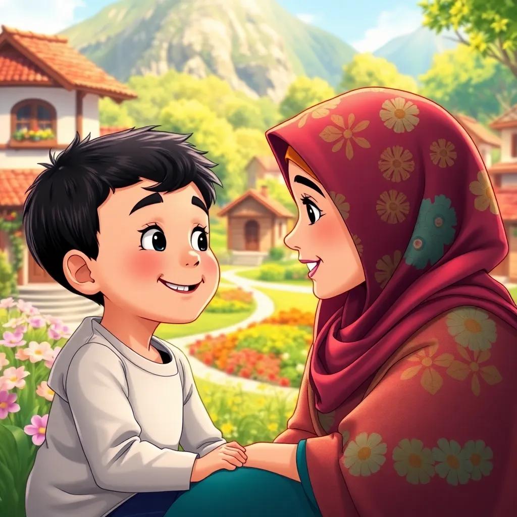 A happy young boy, Adam, with short dark hair looking at his mother, a woman in a colorful hijab, sitting in a beautiful village with flowers and trees, detailed illustration, bright colors, cheerful atmosphere, high quality