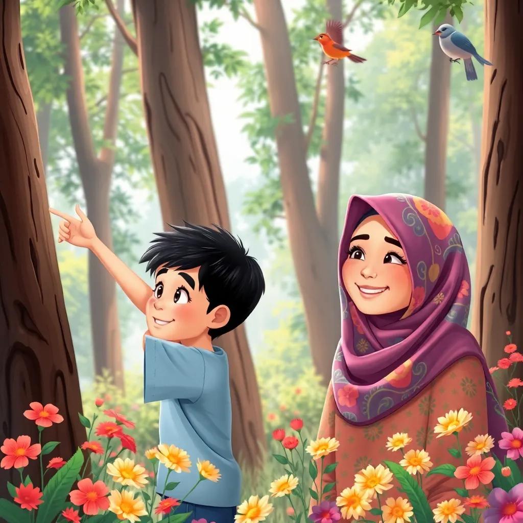 Adam, a young boy with short dark hair, pointing at the tall trees, while his mother in a colorful hijab smiles warmly, surrounded by flowers and birds, illustration, vibrant, nature-filled scene, bright colors, charming view, high quality