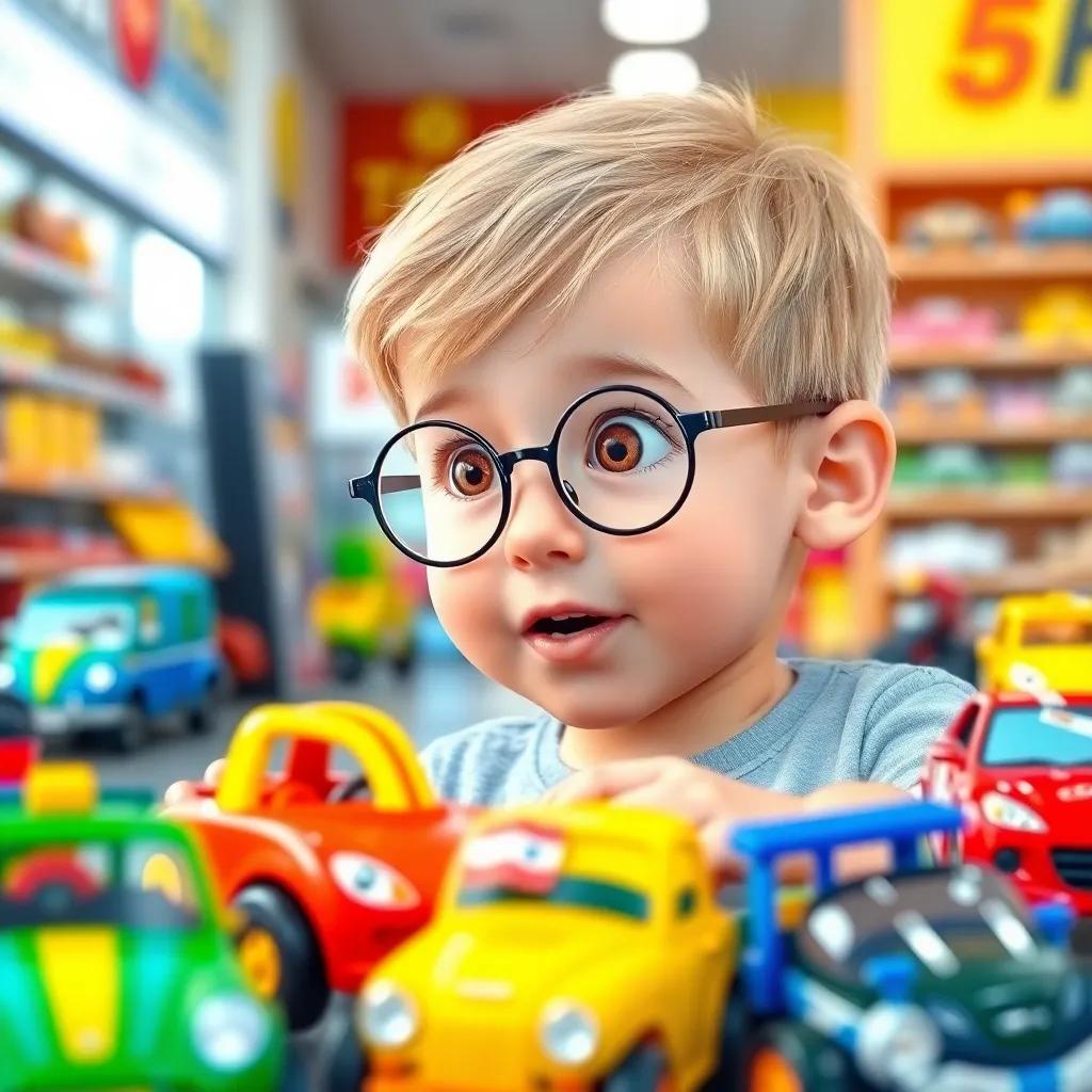 A 5-year-old boy, Göktürk, with blonde hair, brown eyes, wearing round blue glasses, excitedly looking at colorful toy cars in a shop, bright and cheerful setting, child-friendly, vibrant colors, warm lighting, high quality
