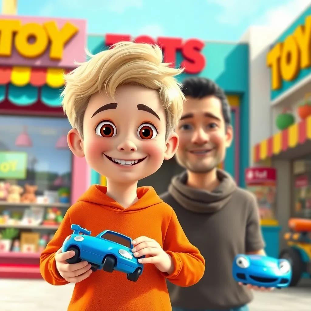 Göktürk, a 5-year-old boy with blonde hair and brown eyes, holding a blue toy car with a big smile, standing with his father outside a toy shop, colorful storefront and clear sky, joyful atmosphere, family-friendly, vibrant, detailed