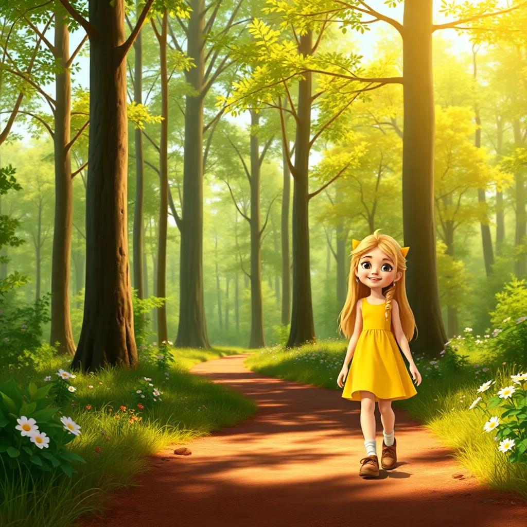 A sunny forest scene with Goldilocks, a young girl with long blonde hair wearing a yellow dress, walking with a smile down a dirt path surrounded by tall trees and flowers, cheerful, inviting, bright colors, digital art, high quality.