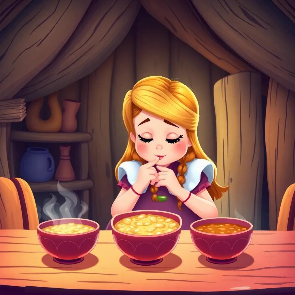 Goldilocks inside a cozy cottage, smelling a bowl of porridge on a table, with three bowls: one hot, one cold, and one just right, vibrant colors, warm light, illustration, heartwarming atmosphere, child-friendly, cartoon style.