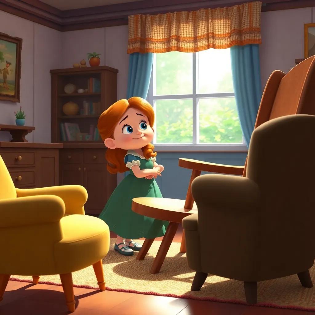 Goldilocks trying out a large wooden chair, looking clumsy as she wobbles, the chair is too big, surrounded by another small chair and a comfy chair, cheerful interior, colorful, humorous scene, digital painting, soft light.