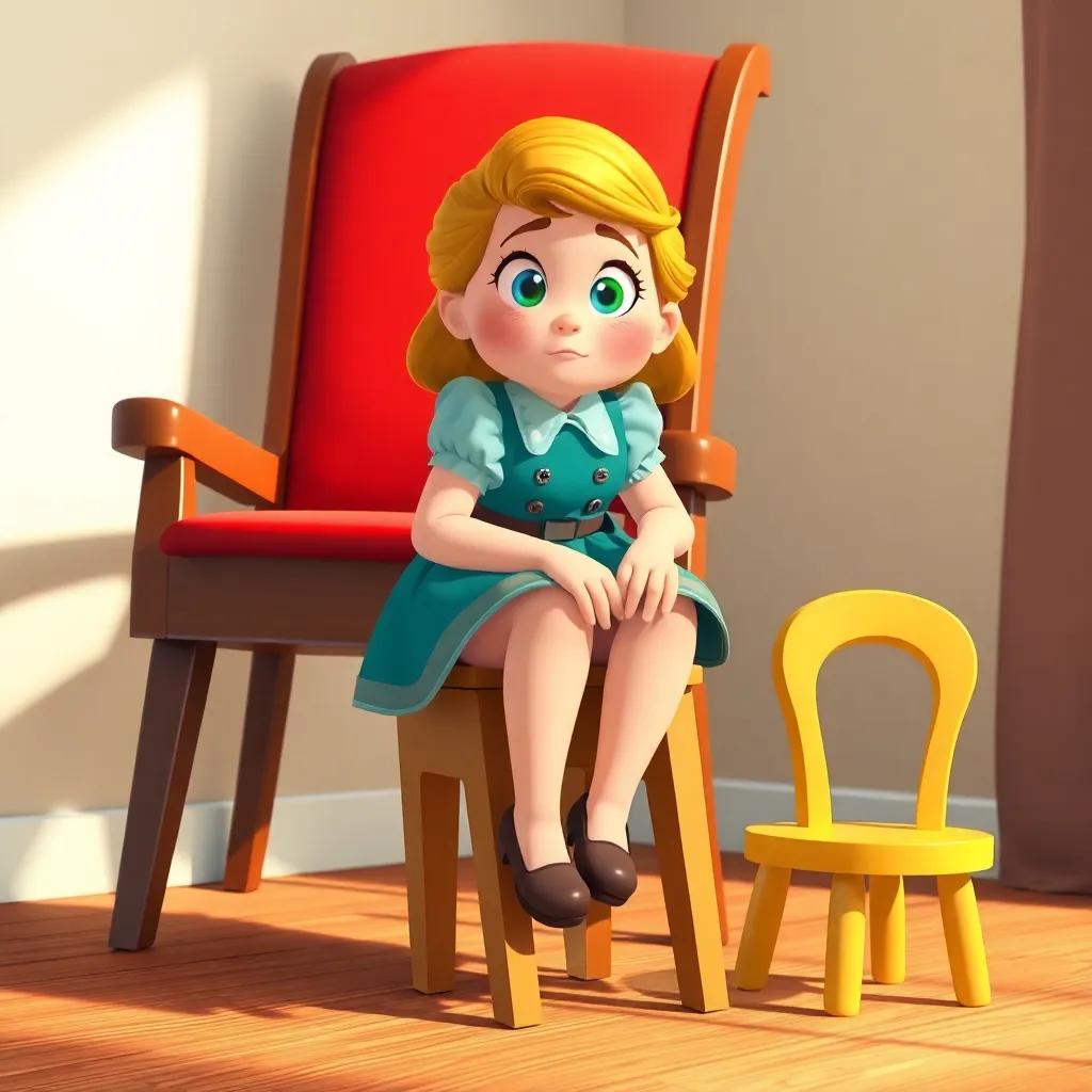 Goldilocks sitting on a small chair that tips over, her expression surprised, with the first big chair behind her and a sweet little chair next to her, playful, illustration style, bright colors, engaging imagery.