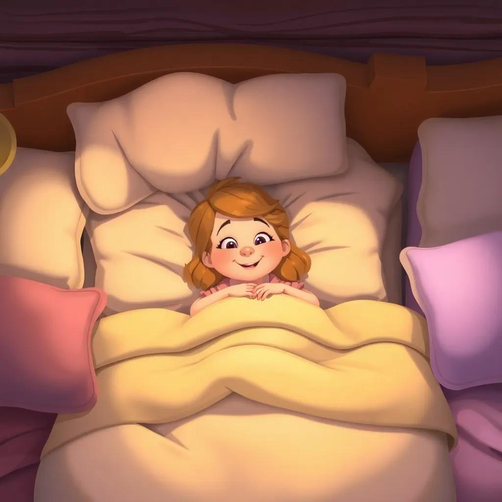 Goldilocks lying in a big soft bed, looking cozy and happy, surrounded by soft pillows and blankets, while two other beds are visible: one hard and one soft, detailed illustration, inviting atmosphere, colorful and warm tones.