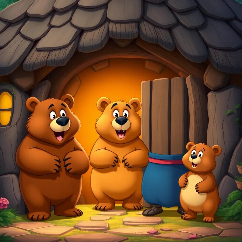 The three bears entering their cozy cottage, looking surprised as they see Goldilocks, a big bear, a medium-sized bear, and a small bear, with their expressions showing curiosity, humorous and engaging, cartoon style, bright colors.