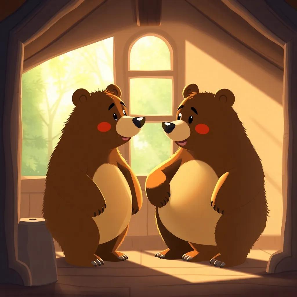 The bears standing together in their house, talking about what Goldilocks did, with warm light streaming through the window, cozy and inviting, digital art, animated feel, child-friendly.
