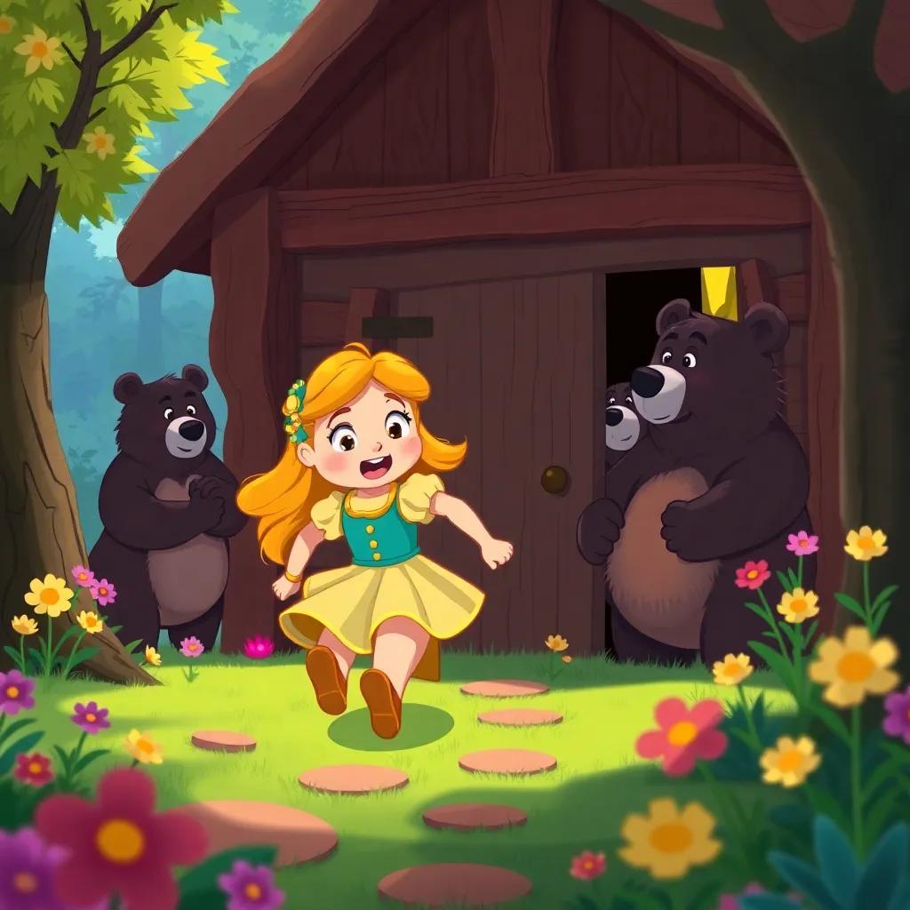 Goldilocks running out of the cottage, looking back with a scared but curious expression, as the bears watch her leave, surrounded by trees and flowers, vibrant colors, dynamic scene, cartoon style, cheerful and playful.