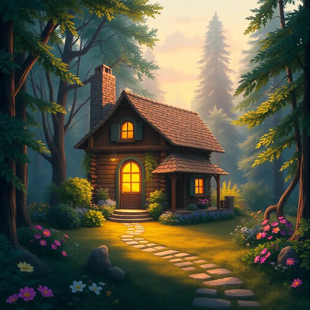 The cottage in the woods shown with a warm evening glow, peaceful and inviting, with surrounding trees and flowers, capturing a magical atmosphere, beautiful colors, illustration, fairy tale style.