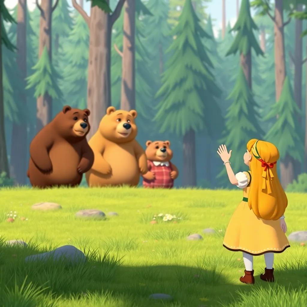 Goldilocks waving goodbye to the three bears from a distance, with the forest behind her, conveying a sense of understanding and respect, vibrant colors, positive outlook, digital art, heartwarming scene.