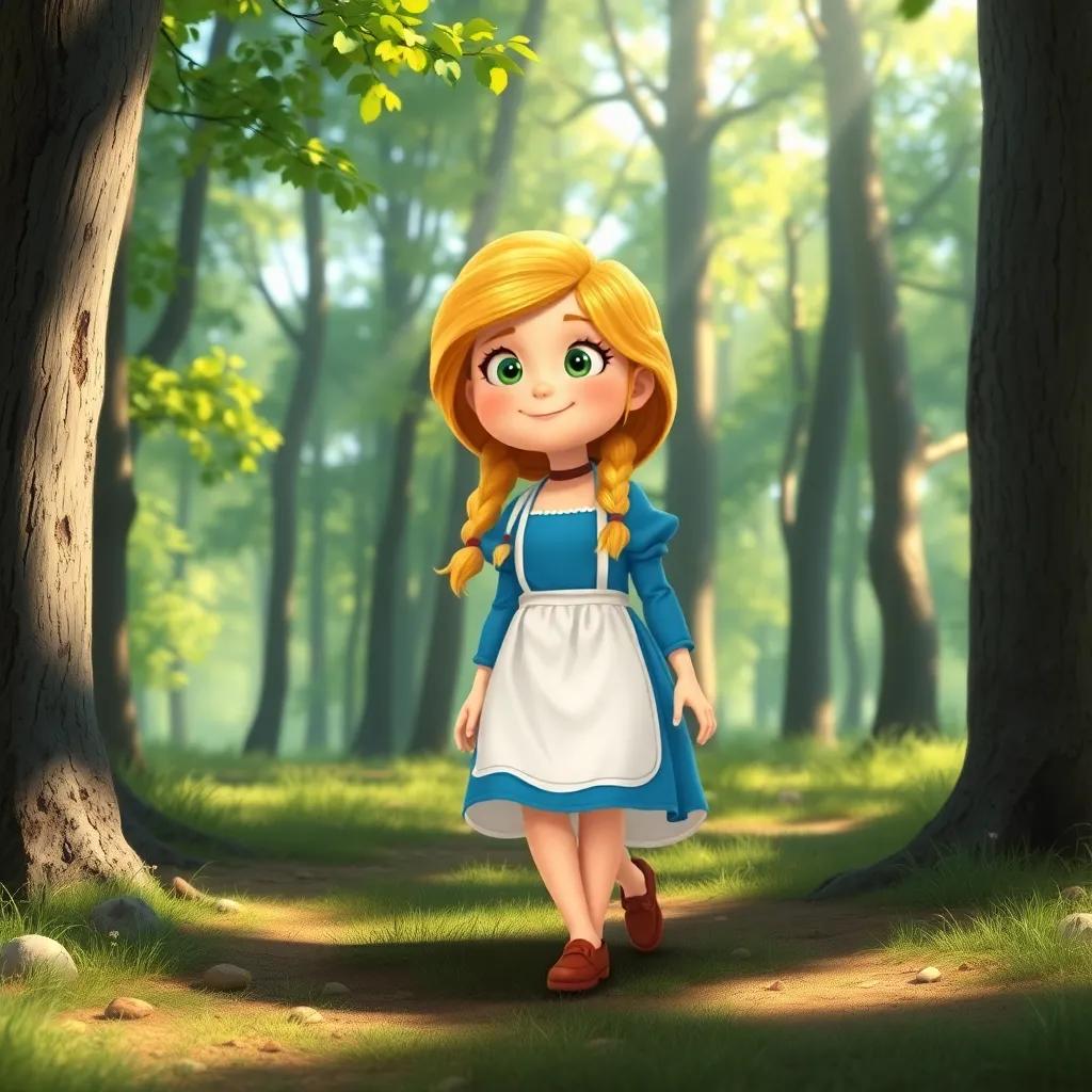 A curious girl named Goldilocks with golden hair, wearing a blue dress and a white apron, wandering through a sunny forest with green trees, bright sunlight filtering through, cheerful atmosphere, digital art, vibrant colors, whimsical style