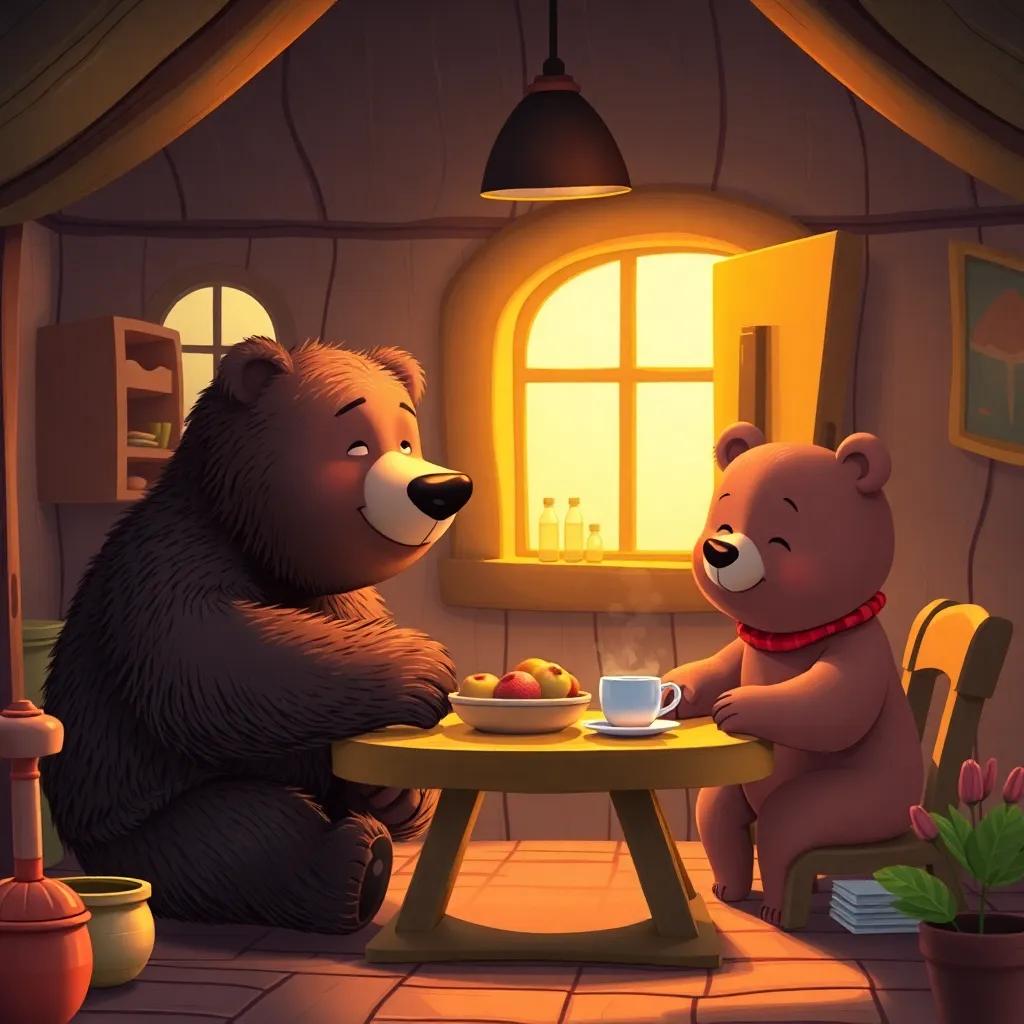 Inside a cozy little house, three bears—Papa Bear, big and fuzzy; Mama Bear, gentle and kind; Baby Bear, small and playful—are setting the table for breakfast, warm and inviting light, cheerful scene, digital art, family-friendly