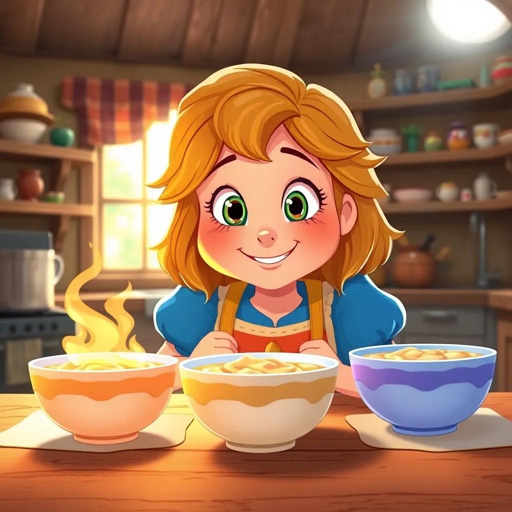 Goldilocks tasting three bowls of porridge: one steaming hot, one cold, and one just right, bright kitchen with rustic decor, warm light, cheerful expression on her face, vibrant colors, detailed illustration