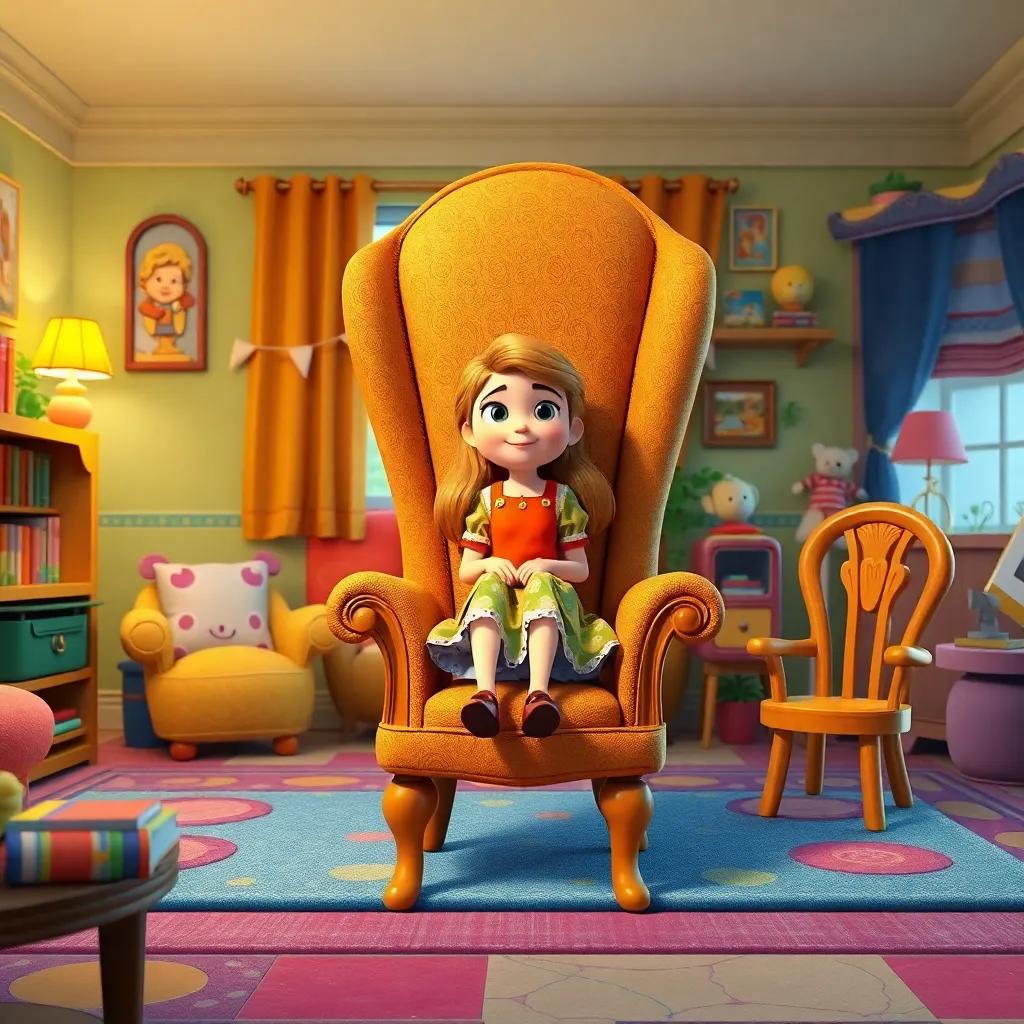 Goldilocks sitting on three chairs: a large chair towering over her, a medium chair that is just right, and a tiny chair that she breaks, colorful living room filled with playful details, whimsical atmosphere, digital art