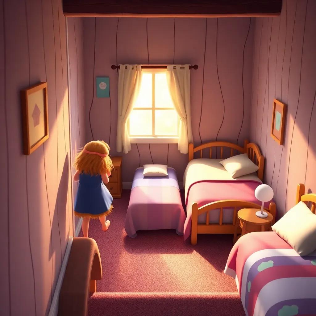 Goldilocks climbing up the stairs to a cozy bedroom with three beds, one big, one medium, and one small; warm light spilling in from the window, colorful bedding, inviting scene, digital art, cheerful mood