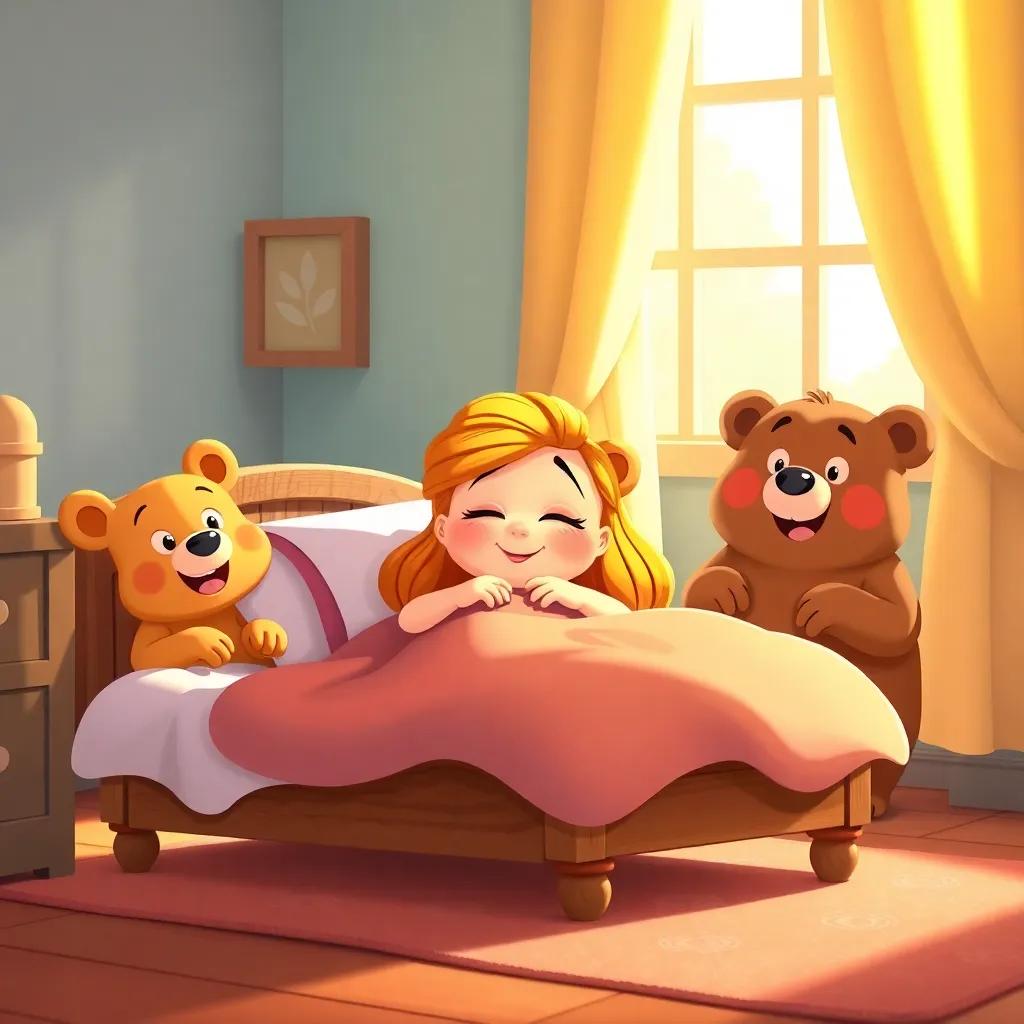 Goldilocks snuggled in Baby Bear's small, comfy bed with a content smile, bright sunlight bathing the room, three curious bears peeking in with surprised expressions, whimsical style, warm colors