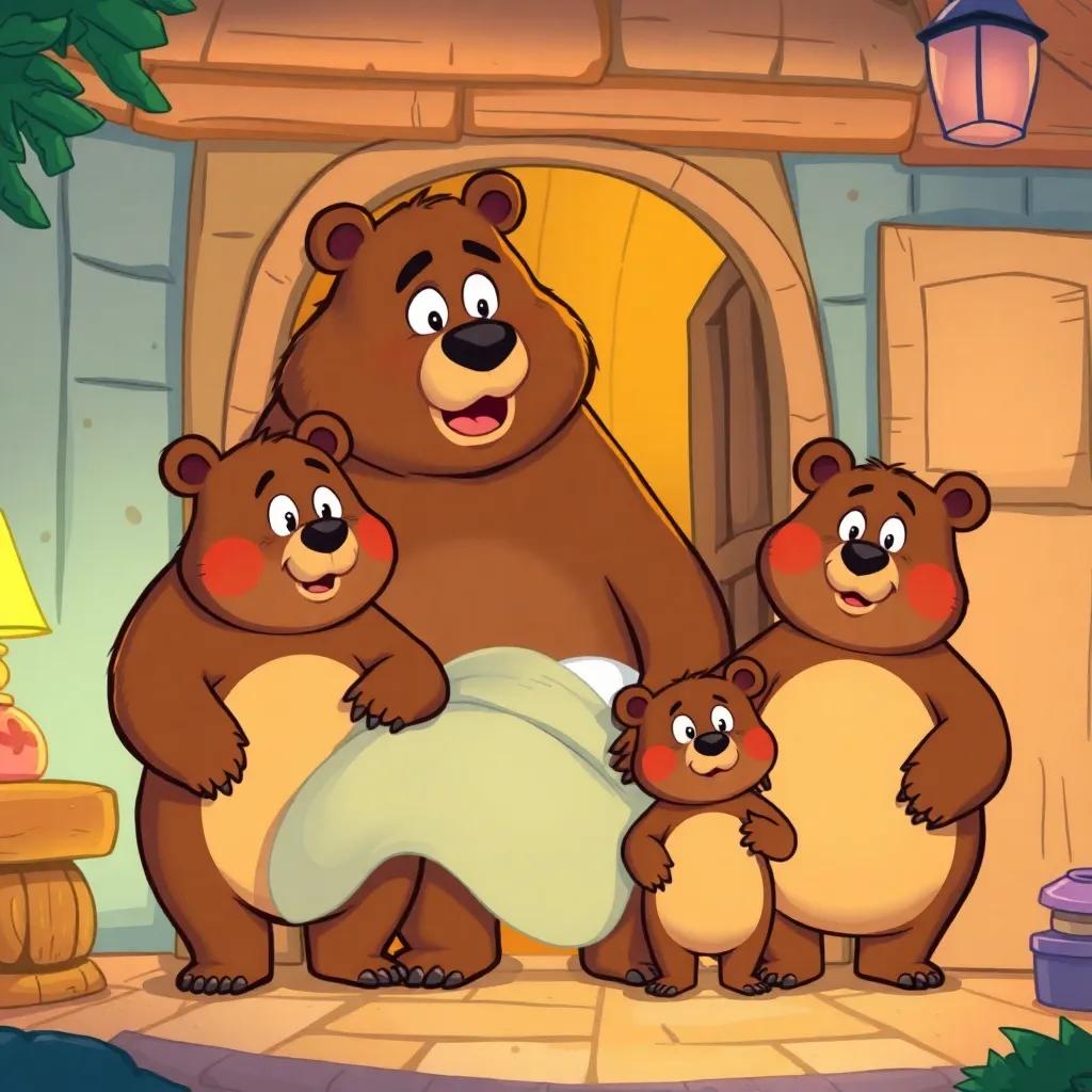Three bears entering their home, looking surprised to find Goldilocks in their bed, Papa Bear tall and fuzzy, Mama Bear round and gentle, Baby Bear small and cute, cartoonish style, vibrant colors, digital art