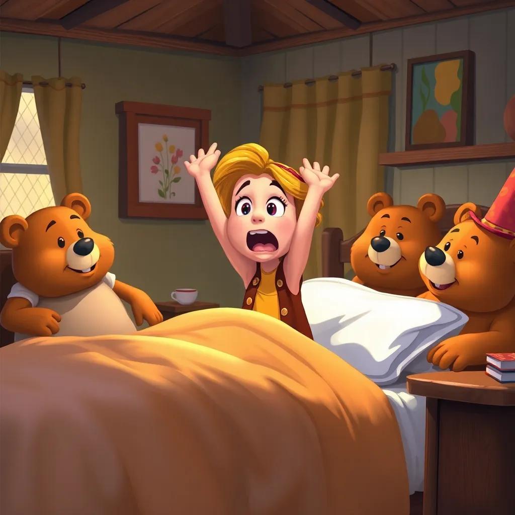 Goldilocks jumping out of bed with a scared expression, the three bears looking at her with curiosity and concern, cozy room emphasizing warmth and home, colorful and inviting scene, digital painting, detailed