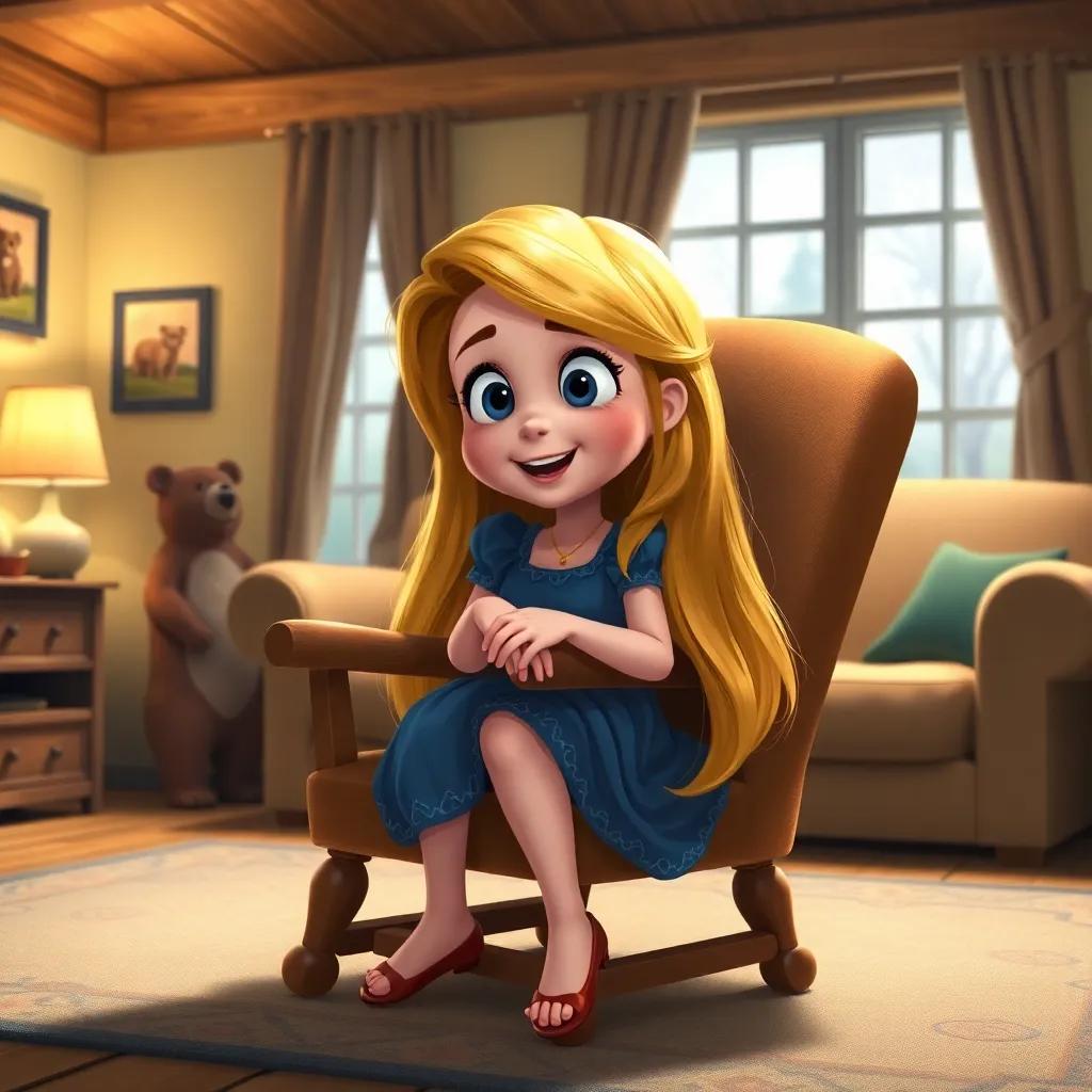 Goldilocks, a curious girl with long golden hair in a blue dress, sitting at a big chair that broke, looking surprised and laughing, in a cozy living room with bear decorations, digital painting, playful atmosphere, high quality