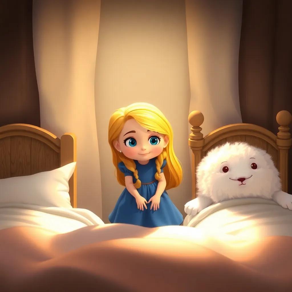 Goldilocks, a curious girl with long golden hair in a blue dress, trying out three beds, with the first too hard, the second too soft, and the third one looking fluffy and cozy, digital art, warm light, dreamlike quality, high quality