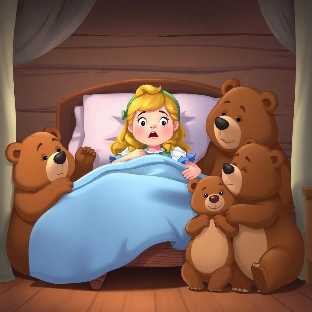 Goldilocks, startled, waking up in Baby Bear's bed, surrounded by three bears that are Papa Bear, Mama Bear, and Baby Bear, all looking curious and gentle, digital art, heartfelt moment, warm colors, high quality