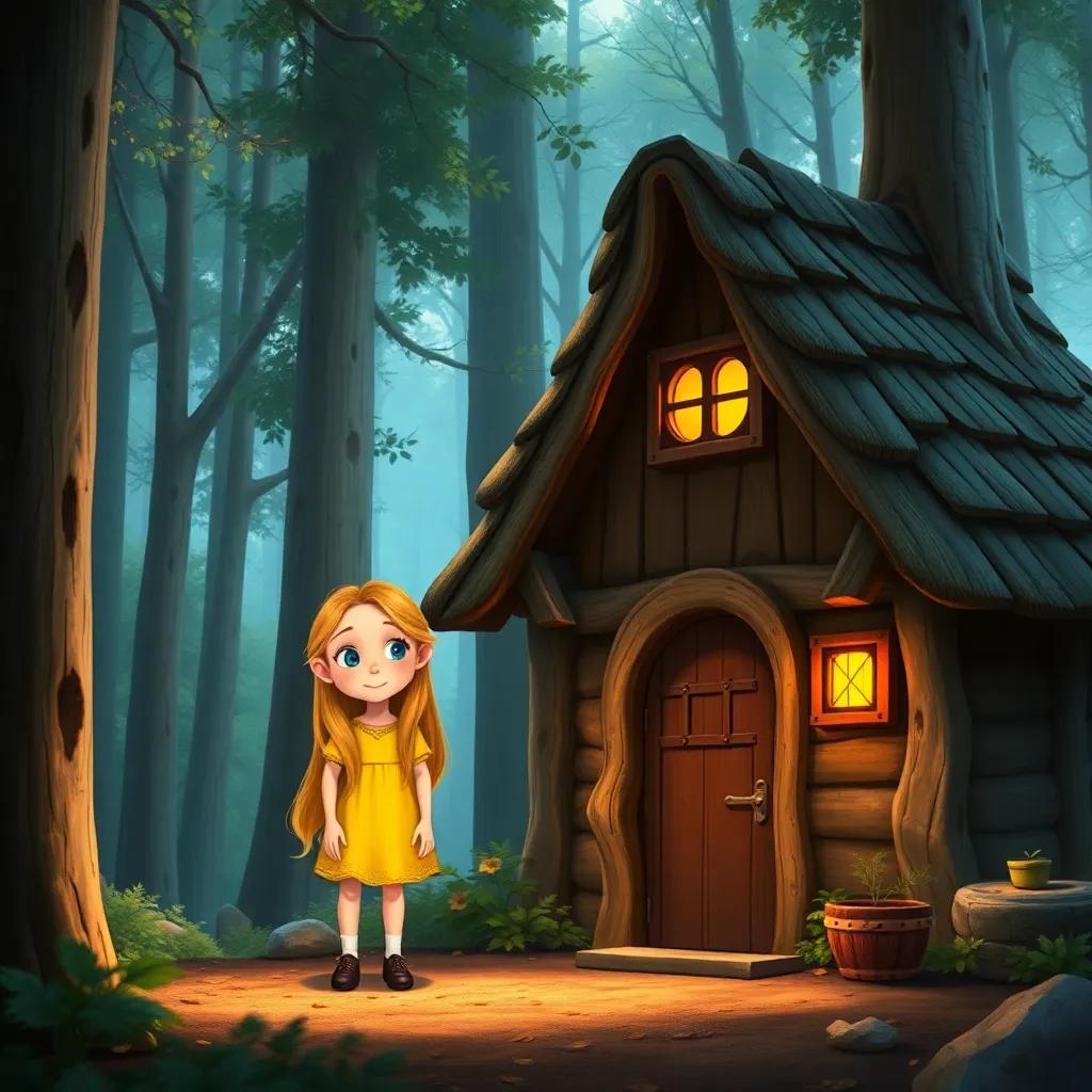 A curious young girl, Goldilocks, with long golden hair, wearing a yellow dress, standing outside a quaint cottage in the woods surrounded by tall trees, detailed digital art, whimsical, enchanted atmosphere, inviting scene, high quality