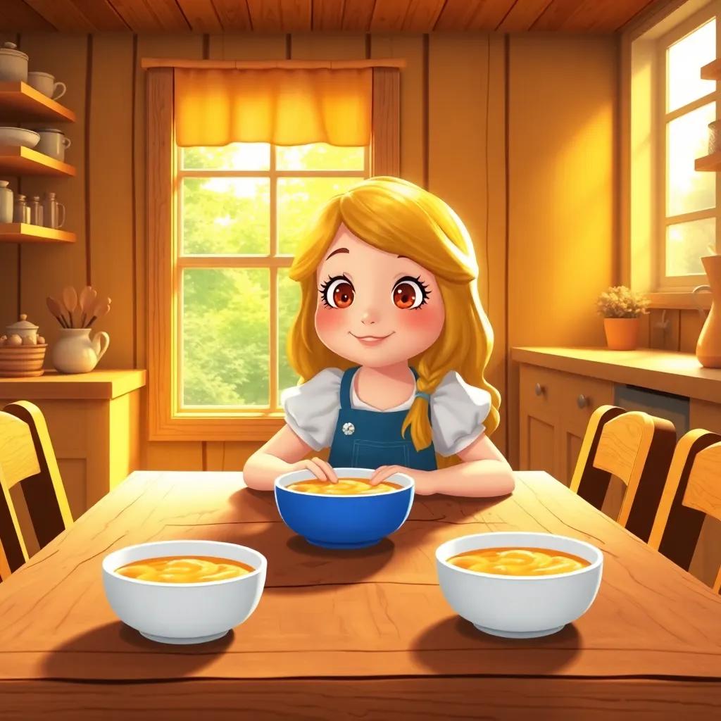 Goldilocks sitting at a wooden table inside a cozy kitchen, small bowls of porridge in front of her, with warm sunlight streaming in through the window, cheerful, colorful, inviting vibes, high quality
