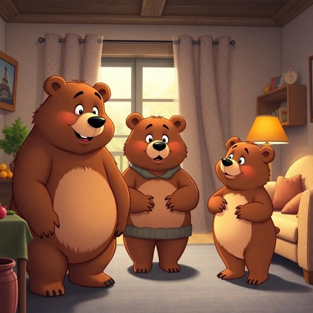 Three bears, a big bear, a medium bear, and a small bear, standing in a cozy living room, looking surprised as they discover Goldilocks has been in their house, charming, light-hearted, calm colors, family-friendly, high quality