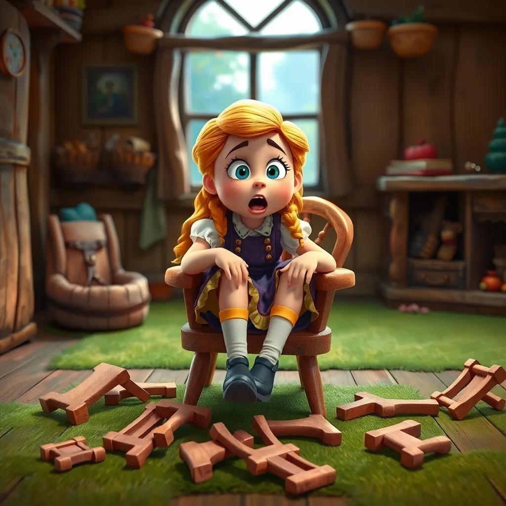 Goldilocks sitting on a broken small chair, with a shocked expression, wooden chair pieces scattered around her feet, in a cozy cottage, colorful, vivid scene, humorous moment, high quality