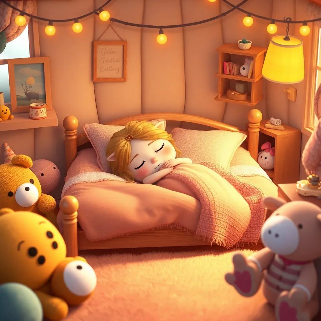 Goldilocks sleeping peacefully in a small cozy bed, surrounded by soft blankets, in a cute bedroom filled with toys, warm lighting, relaxed atmosphere, welcoming, high quality