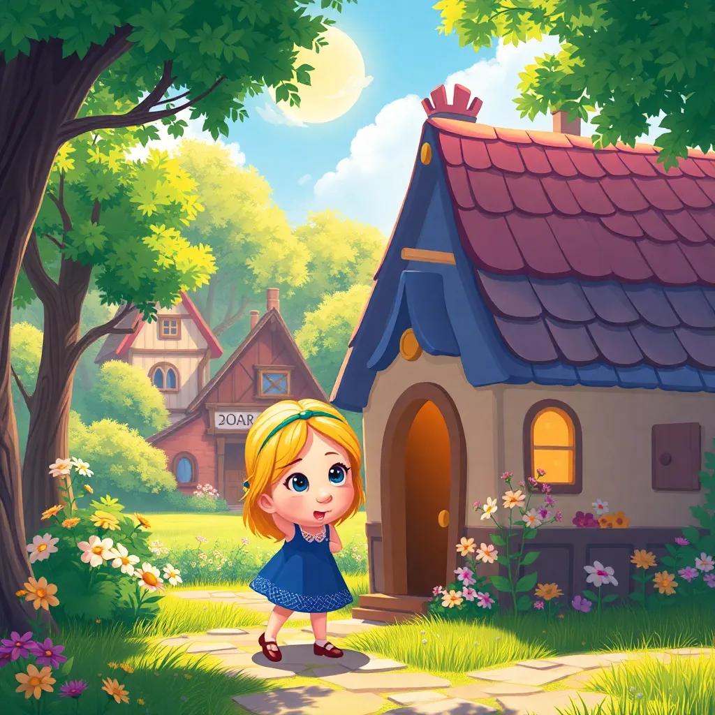 A sunny village with trees and flowers, a curious girl named Goldilocks, with golden hair wearing a blue dress, peeking inside a small house, cheerful atmosphere, bright colors, inviting scene, detailed illustration