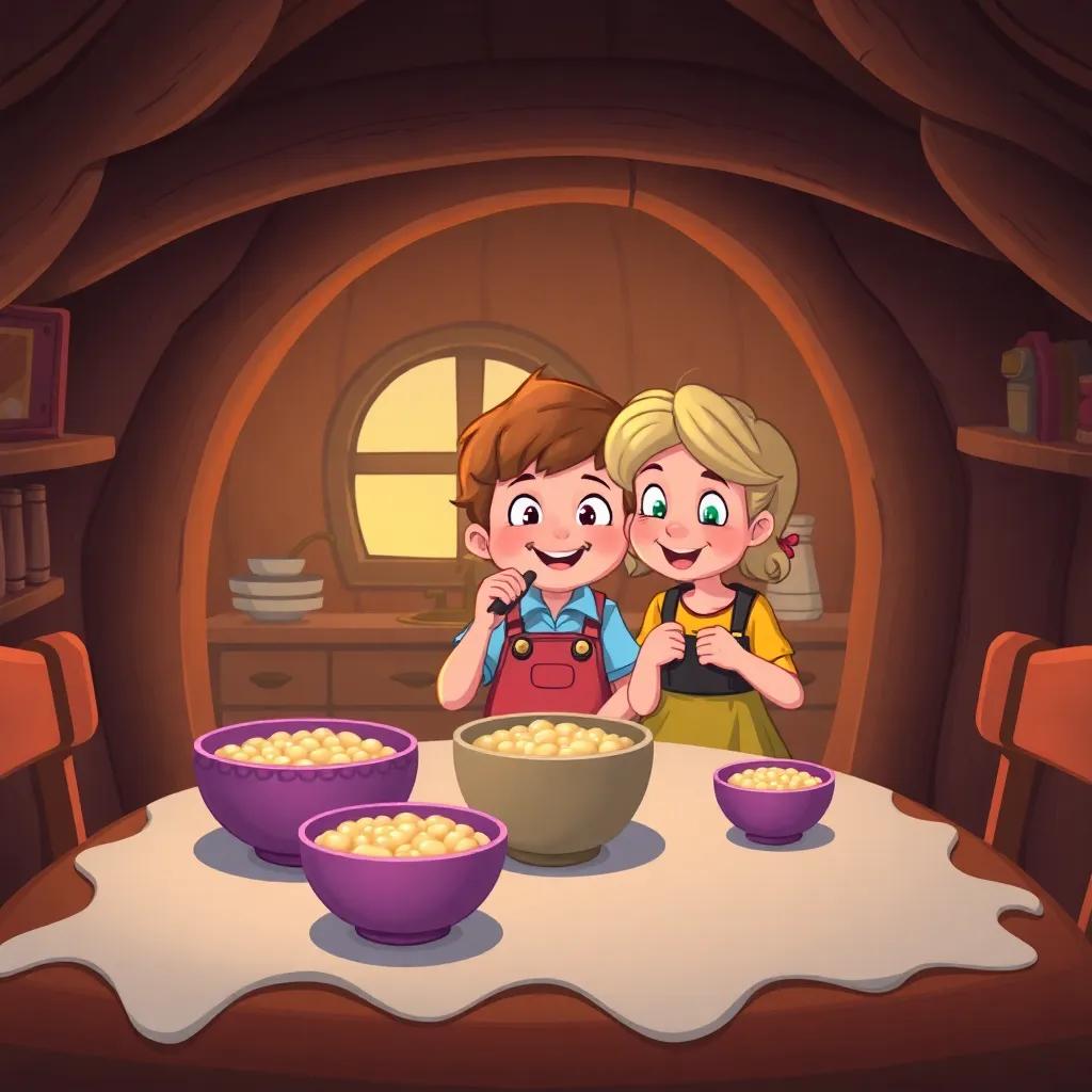 Inside the cozy bear house, three bowls of porridge on the table, one big, one medium, one small, Goldilocks happily tasting the porridge, cartoon style, warm lighting, playful mood, colorful kitchen