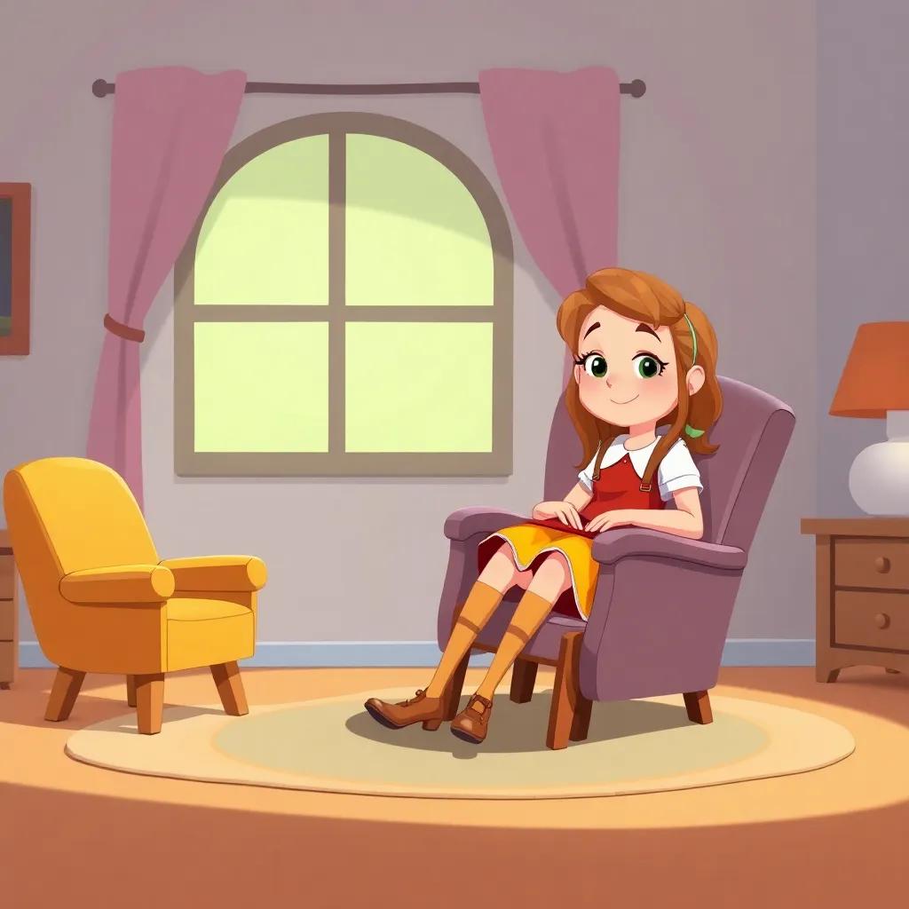 A cozy room with three chairs, one big, one small, one medium, Goldilocks seated on the medium chair, it breaks under her, humorous expression, bright colors, fun atmosphere, child-friendly illustration