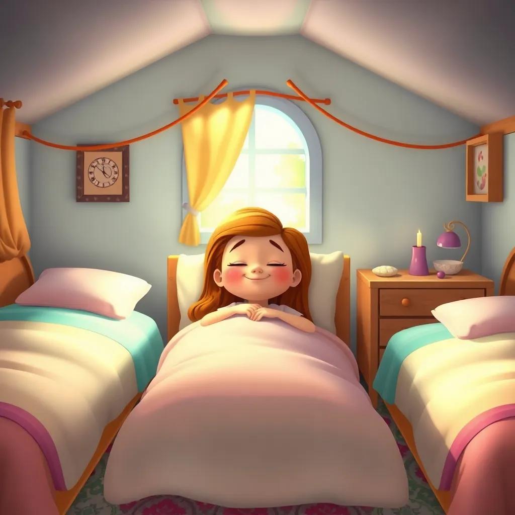 A cozy bedroom with three beds, Goldilocks lying in the soft bed with a peaceful smile, surrounded by a colorful room, warm and inviting light, playful atmosphere, whimsical art
