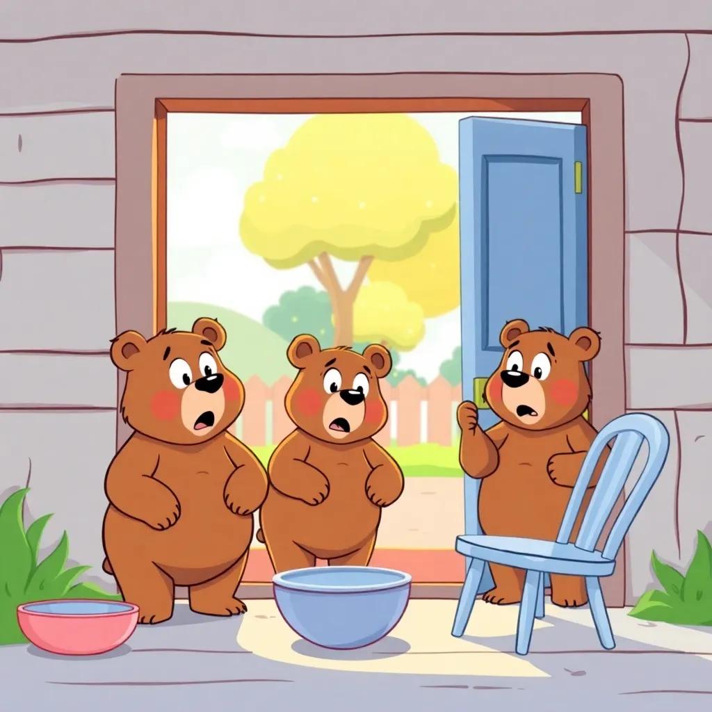 Three bears entering their home, surprised expressions as they see the empty bowls and broken chair, a sunny day outside, cheerful colors, cartoonish fun, family-friendly art