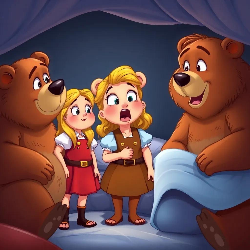 Goldilocks waking up in surprise, standing next to the three bears who look curiously at her, warm and friendly expressions, bright and colorful scene, engaging illustration